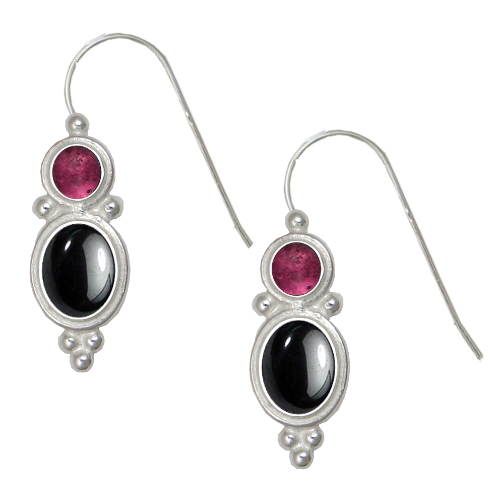 Sterling Silver Drop Dangle Earrings Hematite And Pink Tourmaline